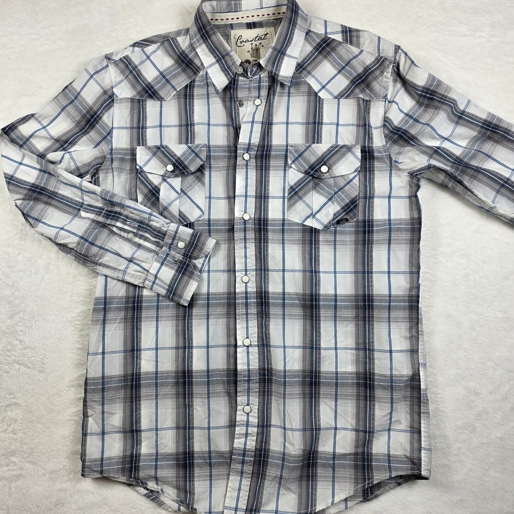 Coastal Western Pearl Snap Shirt Mens Medium Grey Plaid Long Sleeve Excellent